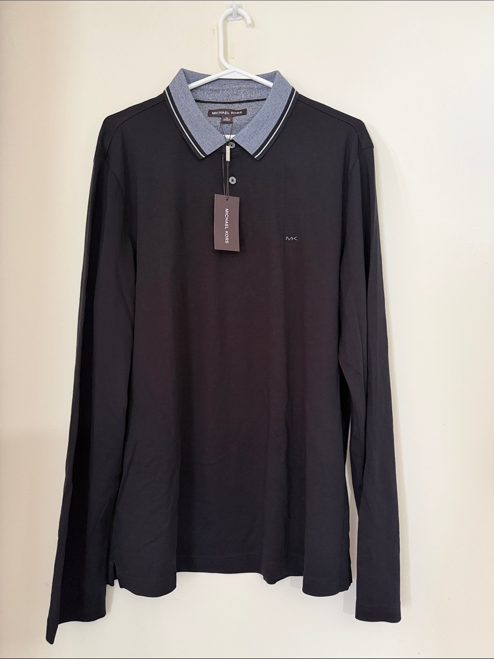 Michael Kors Men’s Black Long-Sleeve Polo with Gray Collar,SIZE XL, 100% COTTON